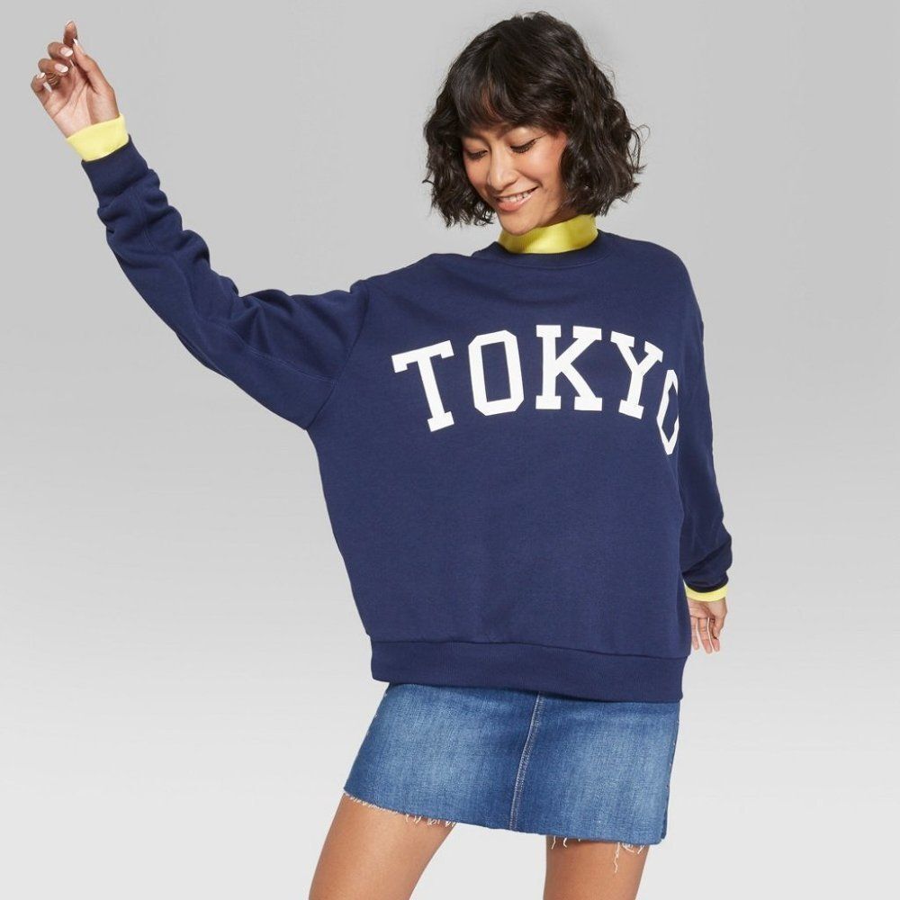 WOMEN'S Oversized Pullover Graphic Tokyo Sweatshirt - Oxford Blue